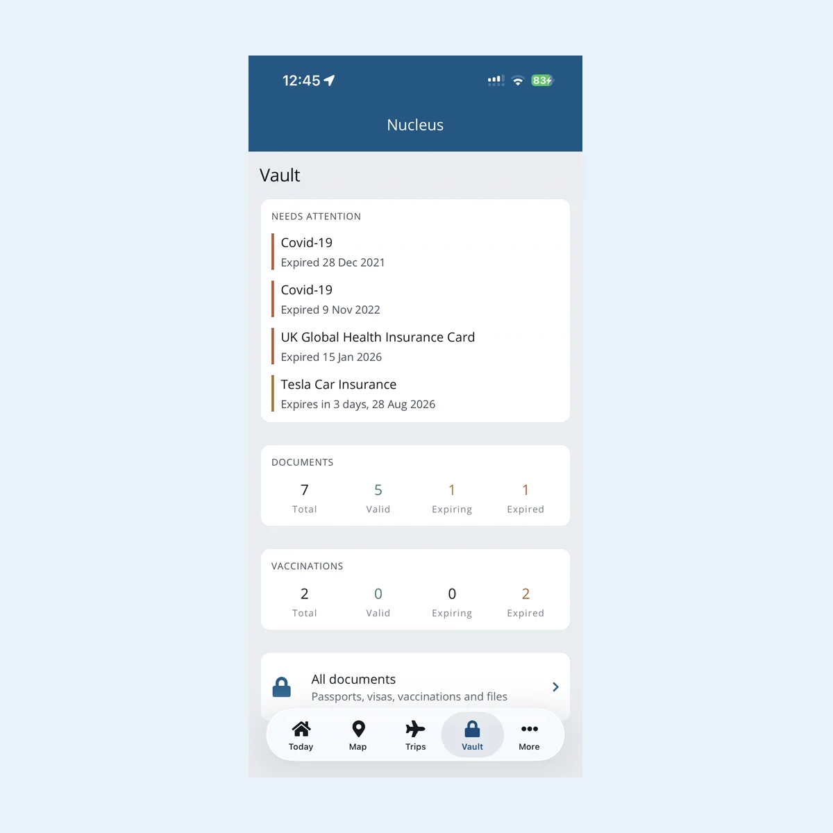 Traveller document vault in the Voyage Manager app