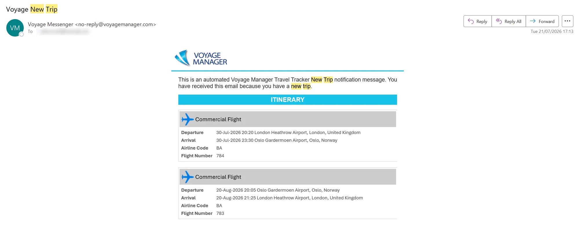 Automated new-trip briefing email